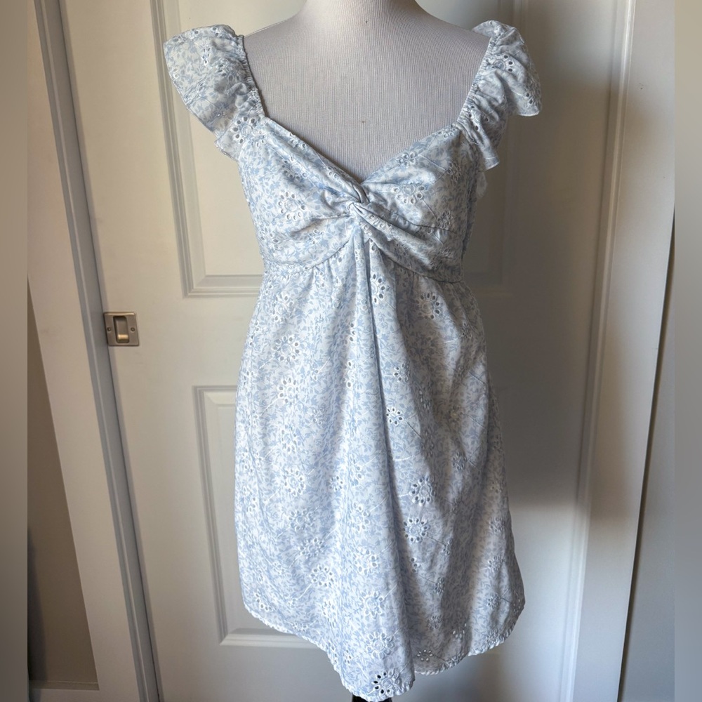 Altar’d State Blue White Floral Eyelet Bow Back Mini Dress L